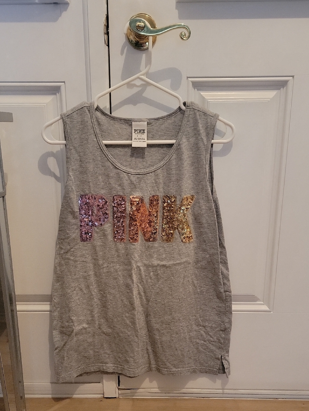 Pink Victorias Secret Gray Tank Top. Sequin Lettering In Ombré. Size Sm. BN